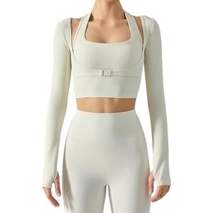 NEW Crop Top Workout Top Stretch Cutout Long Sleeve with Thumbholes